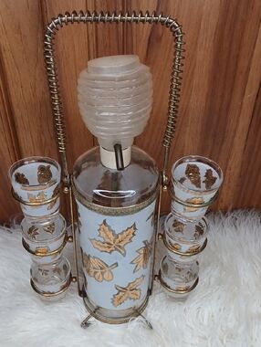White & Gold Glass Lantern-Style Decanter Set with Leaf Motif